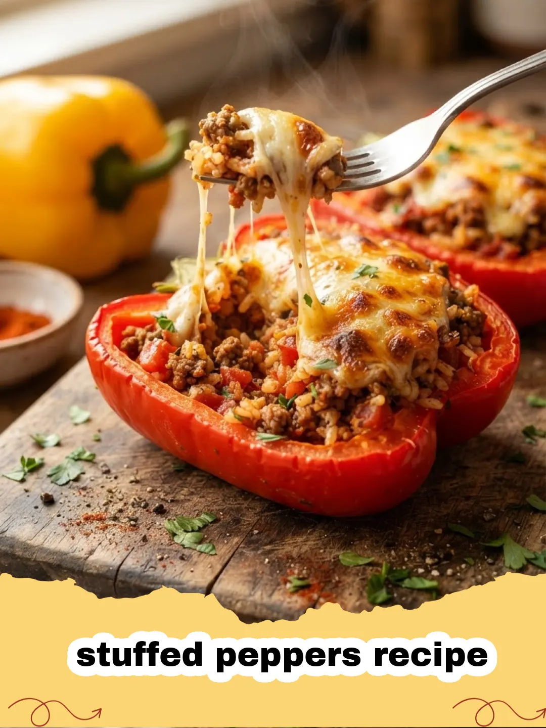 Close-up of golden brown Classic Stuffed Peppers recipe, bubbling with cheese and tomato sauce, garnished with fresh parsley.