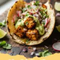 Crispy Tofu Street Tacos - Close-up of three vibrant crispy tofu street tacos on a wooden board, garnished with fresh cilantro and lime wedges.
