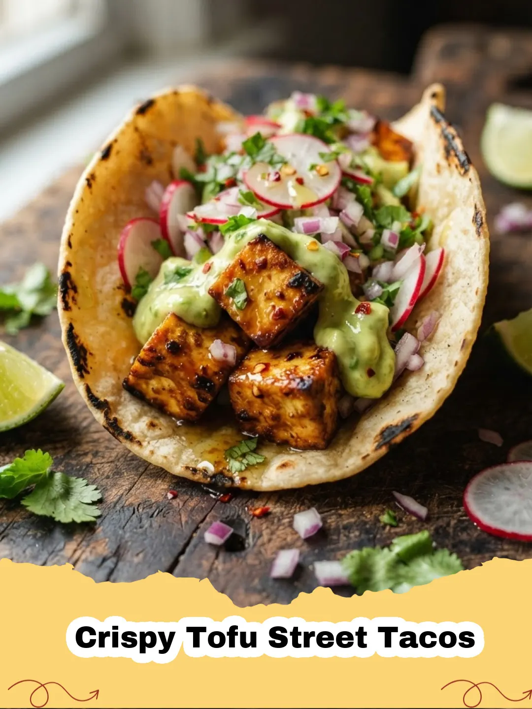 Crispy Tofu Street Tacos - Close-up of three vibrant crispy tofu street tacos on a wooden board, garnished with fresh cilantro and lime wedges.