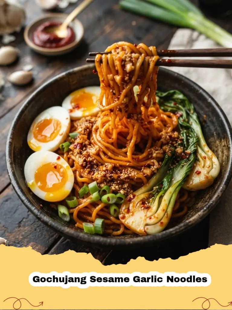 Close-up of vibrant Gochujang Sesame Garlic Noodles garnished with green onions and sesame seeds in a black bowl.