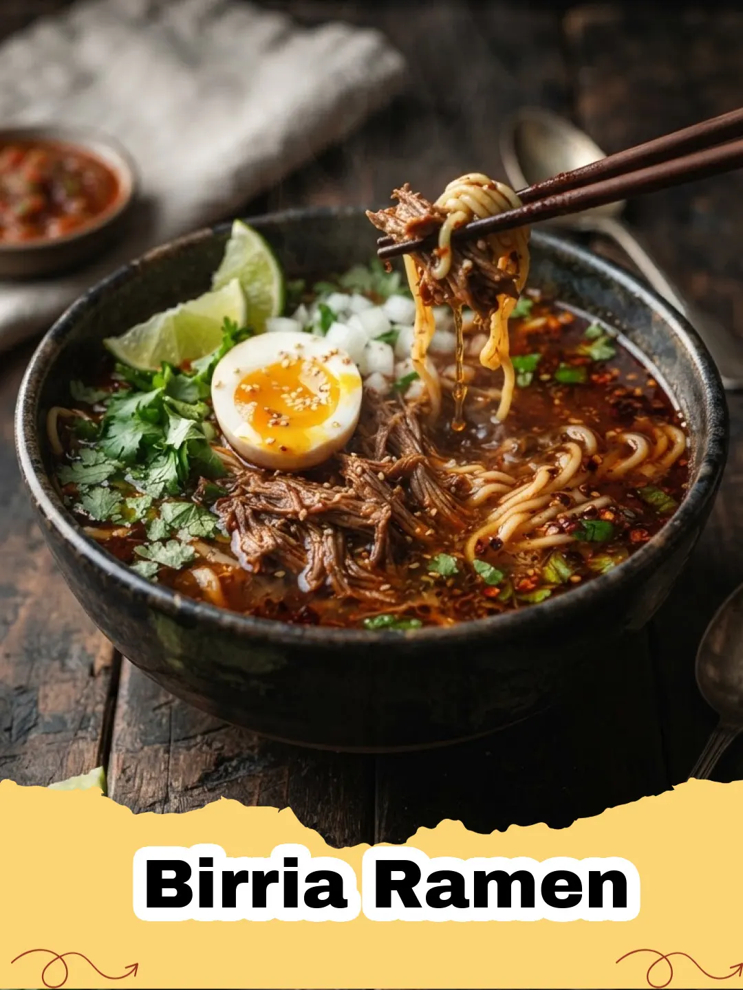 A steaming bowl of Birria Ramen with tender beef, rich red consommé, noodles, cilantro, and lime wedges