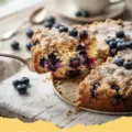 blueberry coffee cake recipe - A slice of homemade blueberry coffee cake with a generous streusel topping, garnished with fresh blueberries and a dusting of powdered sugar.