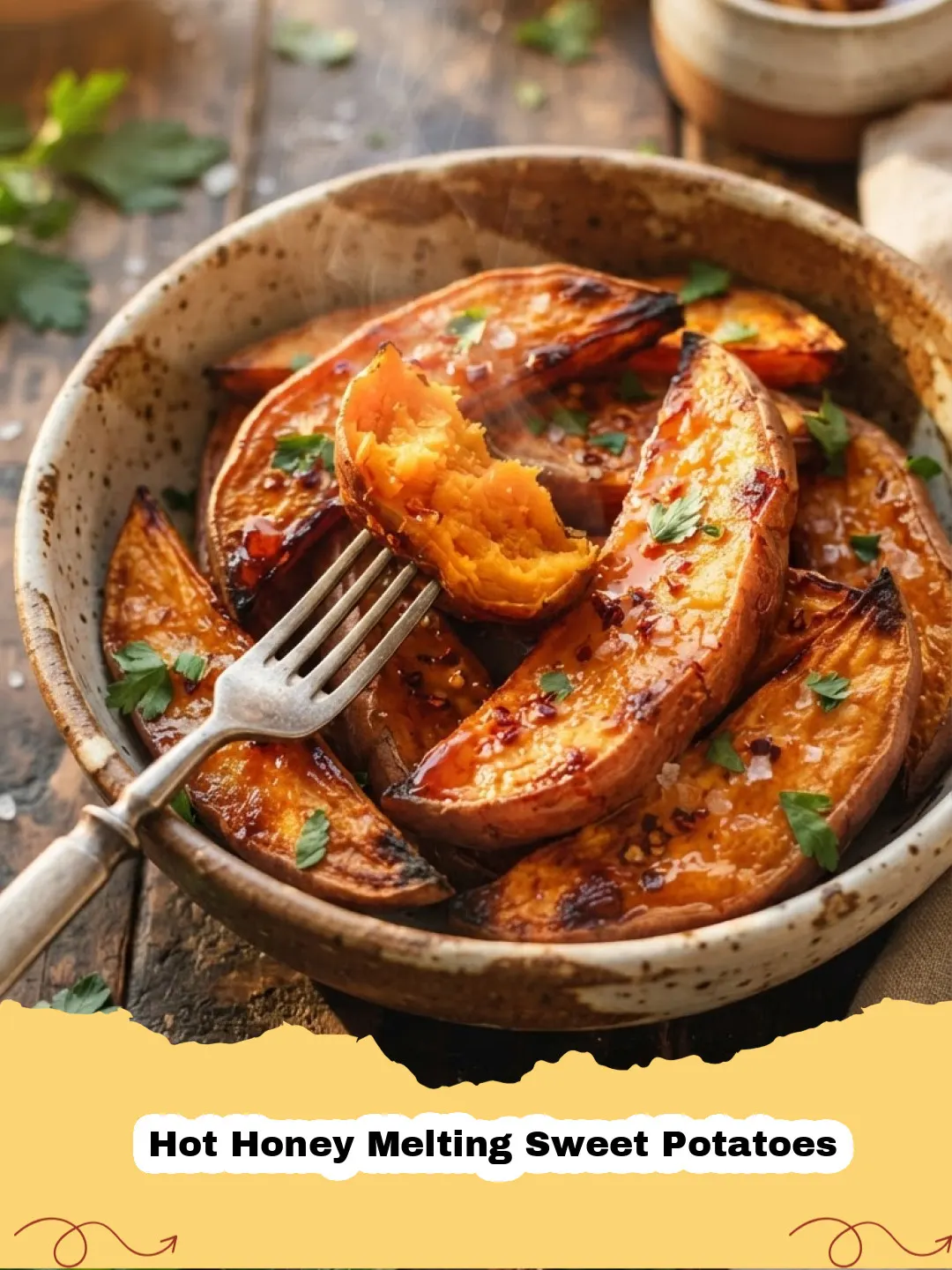 Hot Honey Melting Sweet Potatoes garnished with fresh herbs on a white plate.