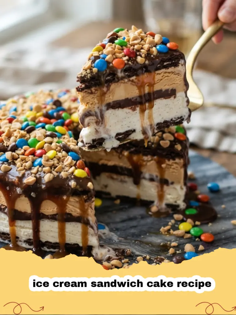 ice cream sandwich cake recipe - A square slice of an ice cream sandwich cake showing layers of chocolate cookie, vanilla ice cream, white whipped topping, and chocolate and caramel drizzles.