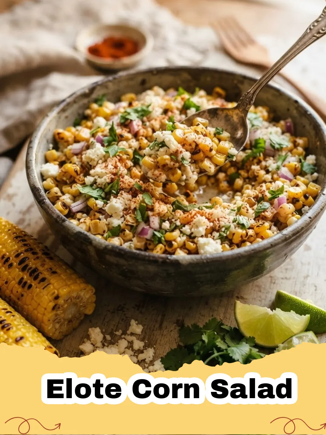 Close-up of a vibrant Elote Corn Salad with cotija cheese and cilantro