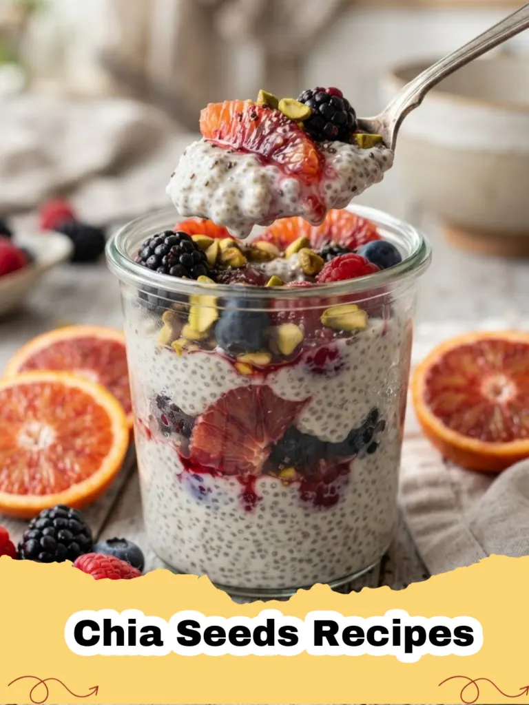 Chia Seeds Recipes - Two glass jars of Overnight Berry Chia Pudding with fresh berries on top, ready for a healthy breakfast.