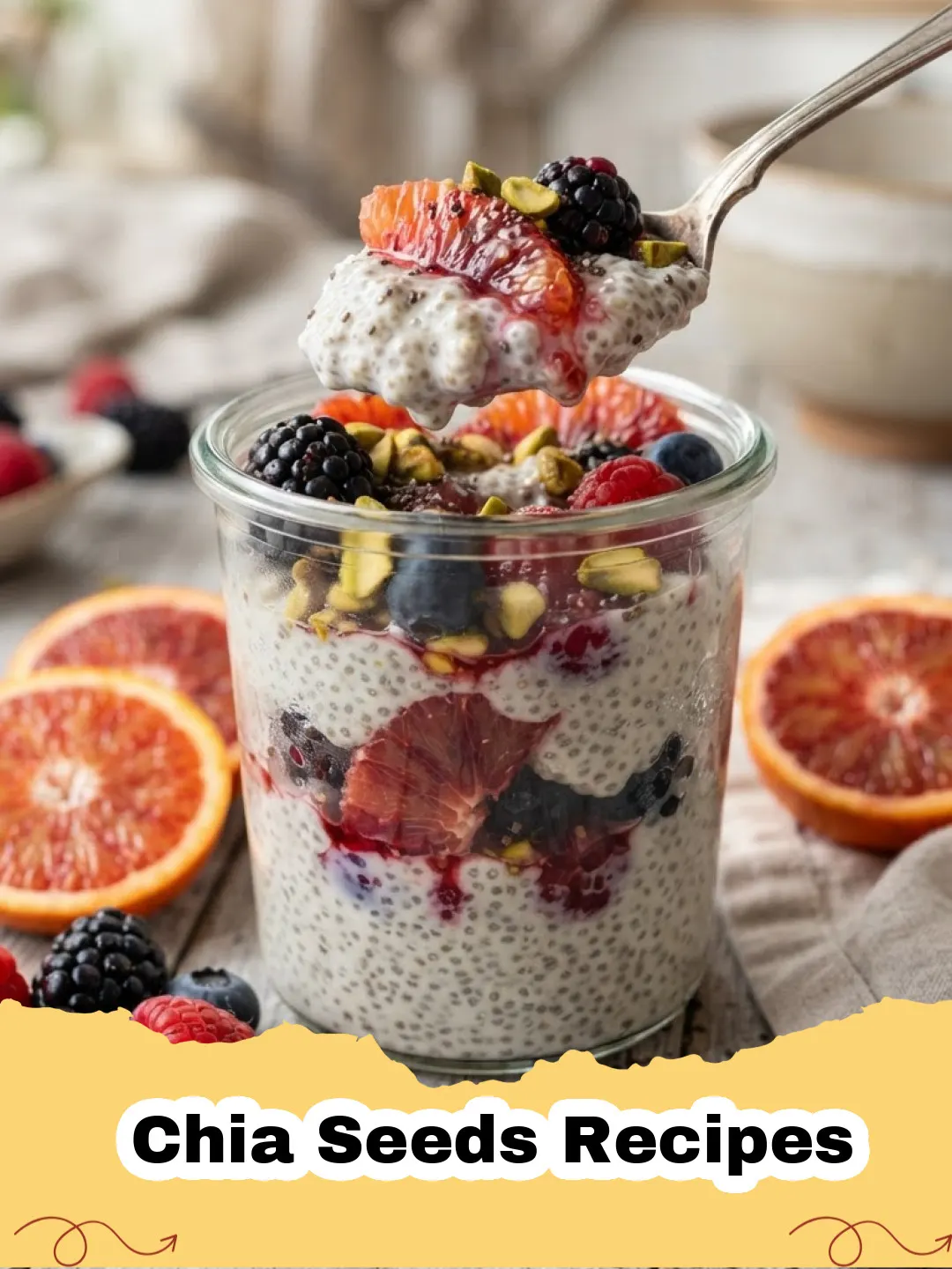 Chia Seeds Recipes - Two glass jars of Overnight Berry Chia Pudding with fresh berries on top, ready for a healthy breakfast.