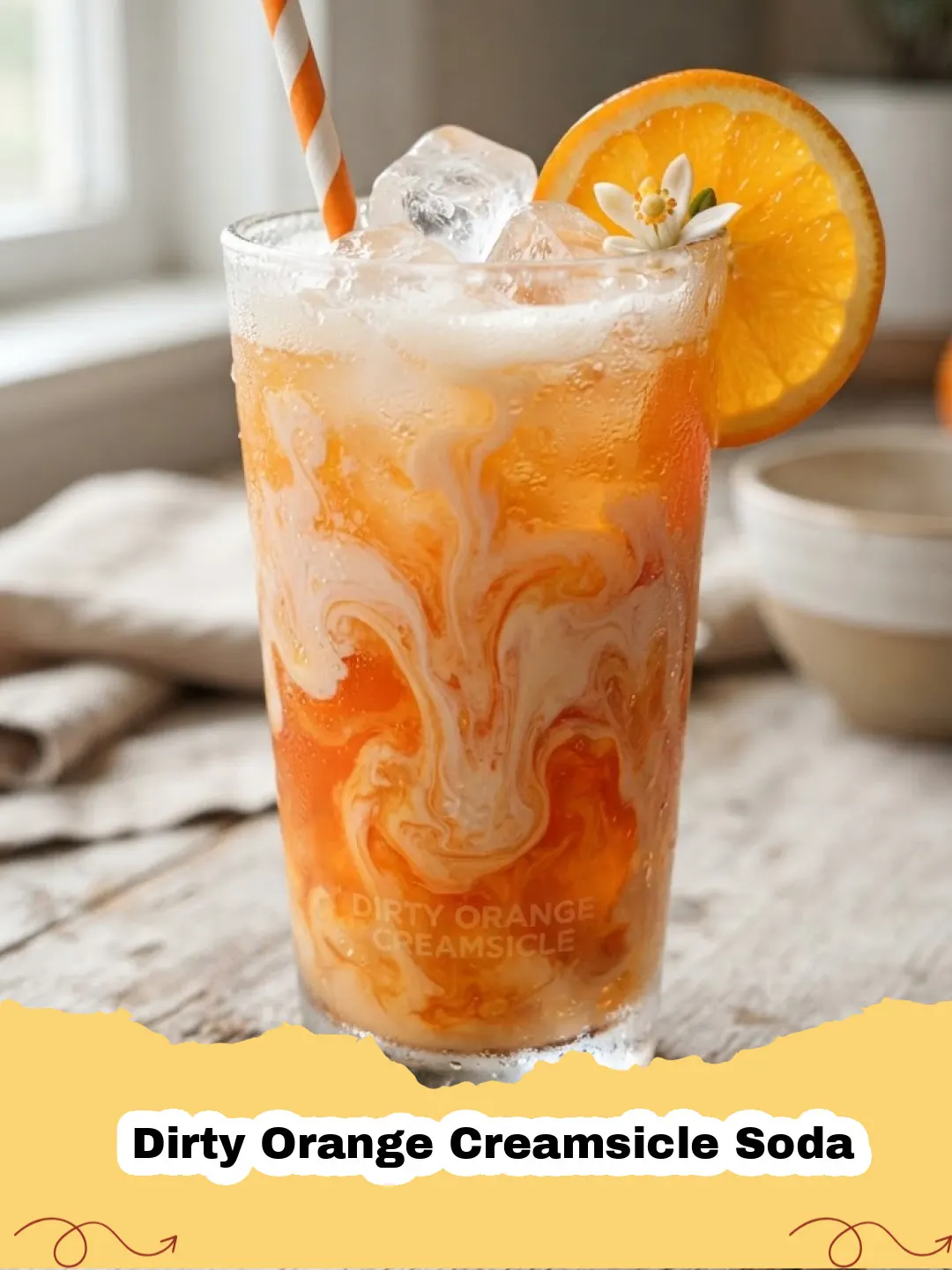 A tall glass of Dirty Orange Creamsicle Soda with ice, an orange slice, and a straw, showing distinct creamy and orange layers.