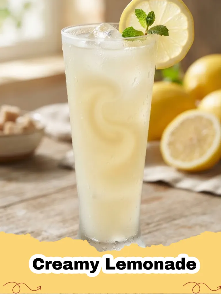 Creamy Lemonade - A tall glass of frosty creamy lemonade with lemon slices and mint on a wooden table outdoors.