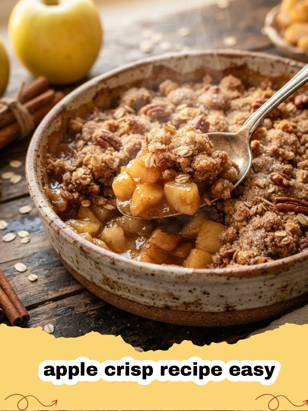 apple crisp recipe easy - Close-up of a warm, golden-brown easy apple crisp in a baking dish, with steam rising and a scoop of melting vanilla ice cream on top.