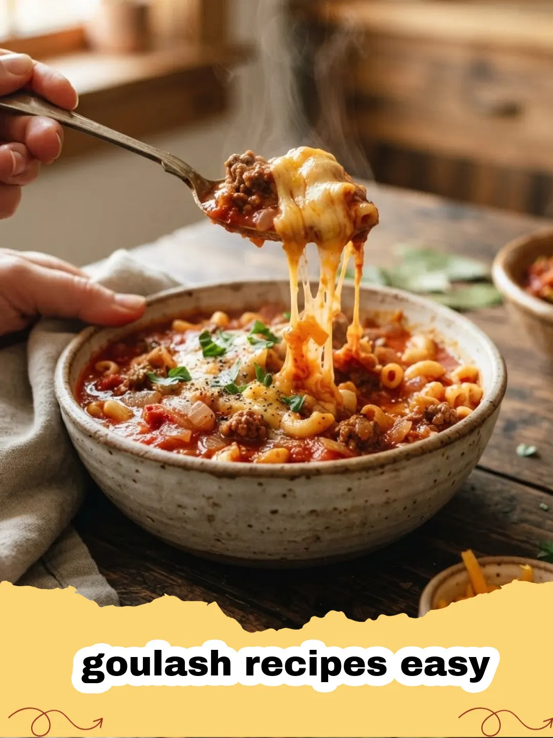 goulash recipes easy - A steaming bowl of homemade beef goulash served with egg noodles and a dollop of sour cream, garnished with fresh parsley.