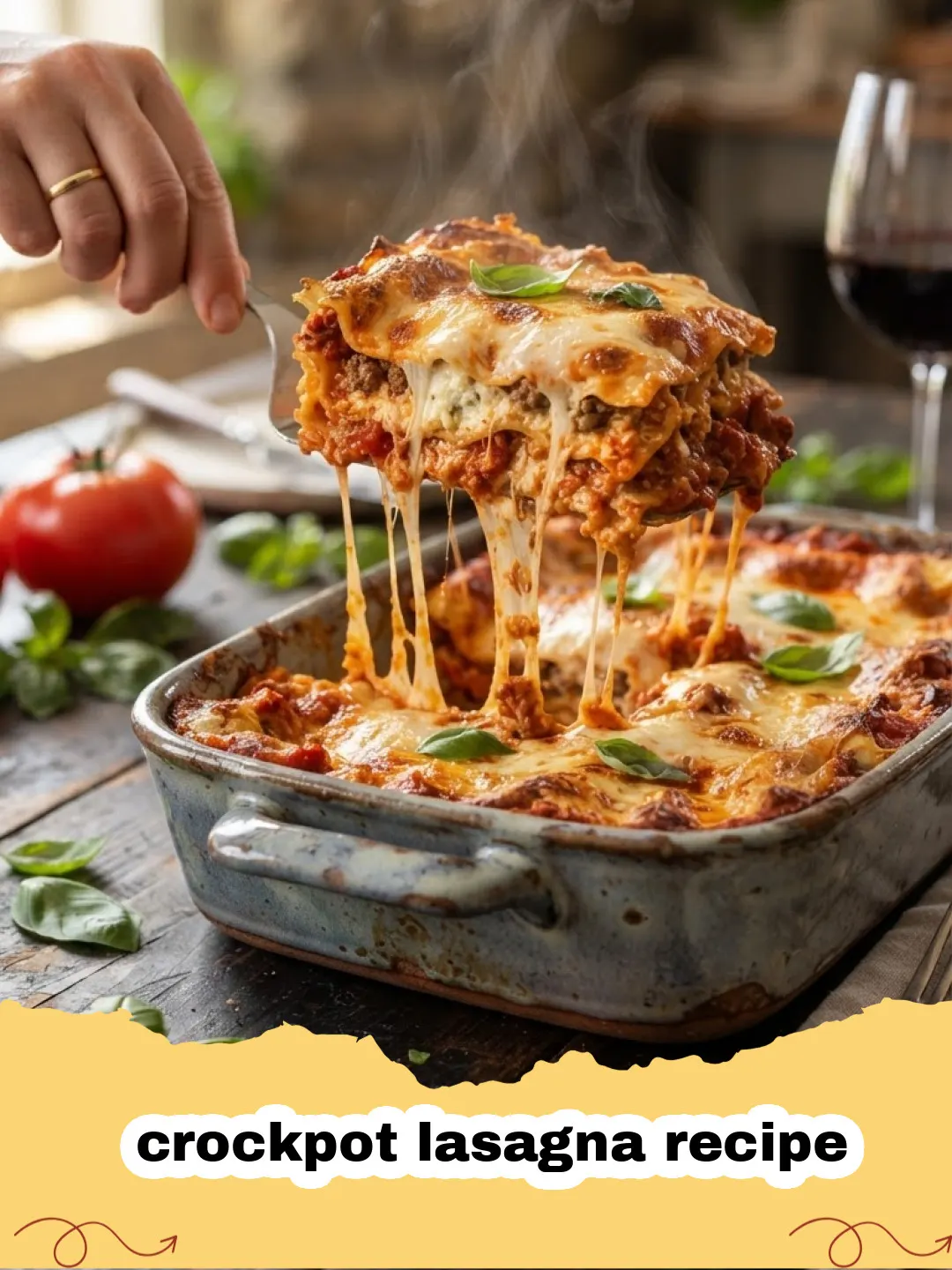 crockpot lasagna recipe - Close-up of a steaming, cheesy crockpot lasagna slice with rich tomato sauce and herbs.
