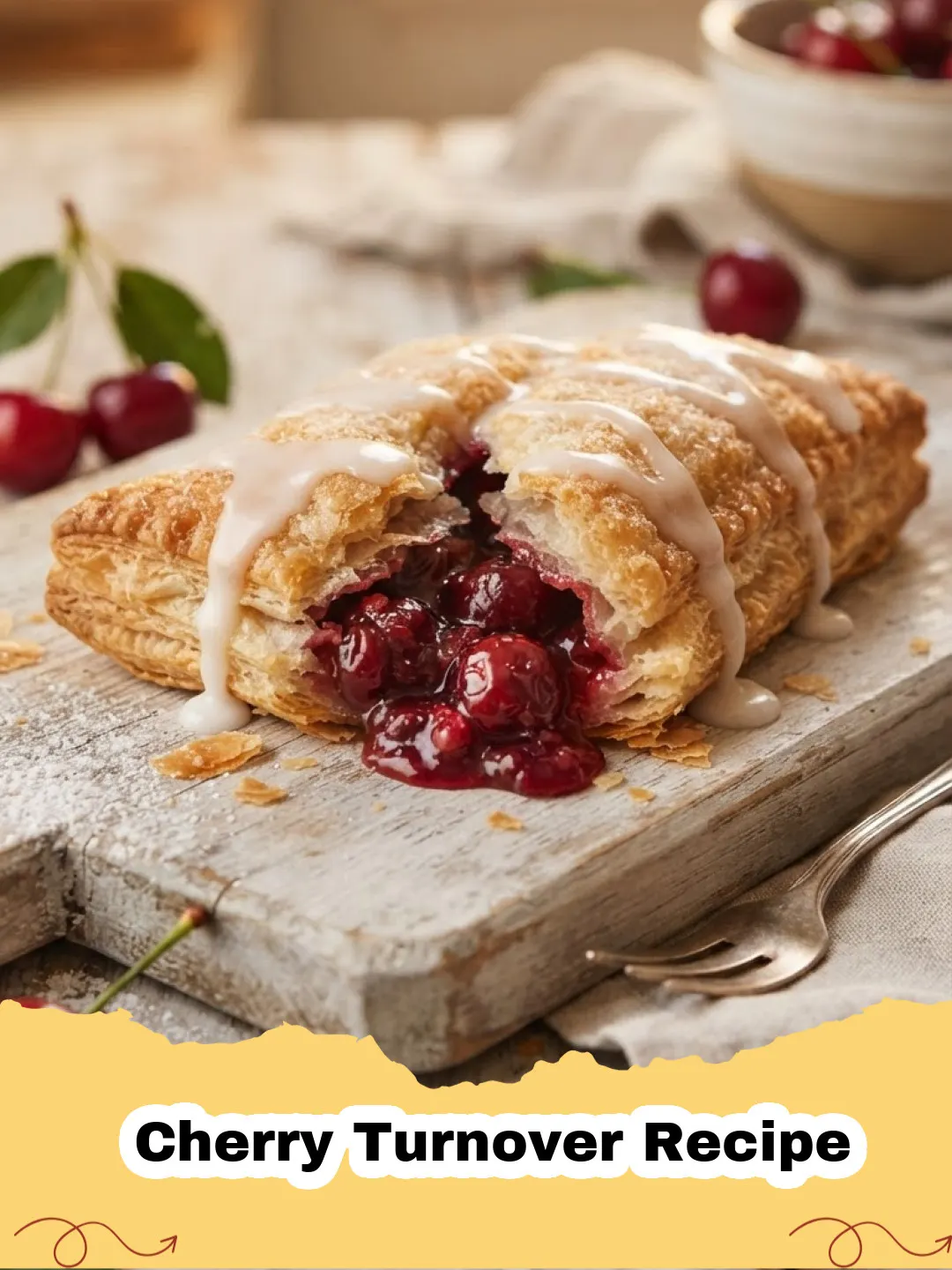 Cherry Turnover Recipe - Golden brown cherry turnovers drizzled with a sweet glaze, fresh cherries scattered around.