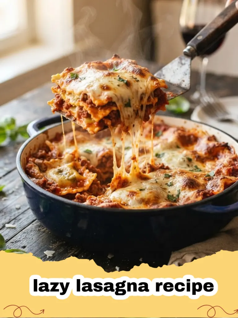A bubbling, cheesy lazy lasagna recipe fresh from the oven, garnished with fresh parsley.