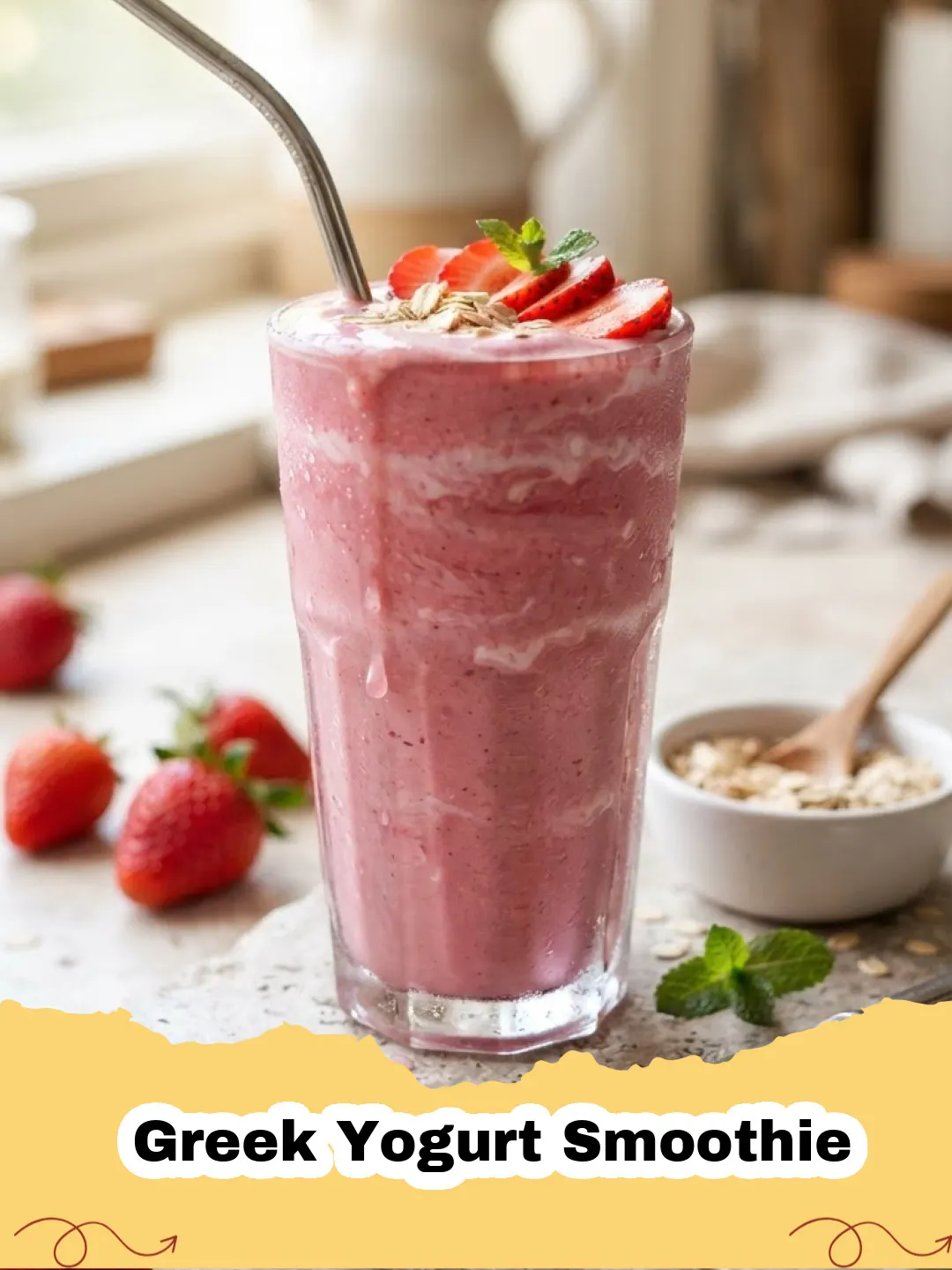 A vibrant purple Greek Yogurt Smoothie in a tall glass, garnished with fresh berries and a mint sprig.