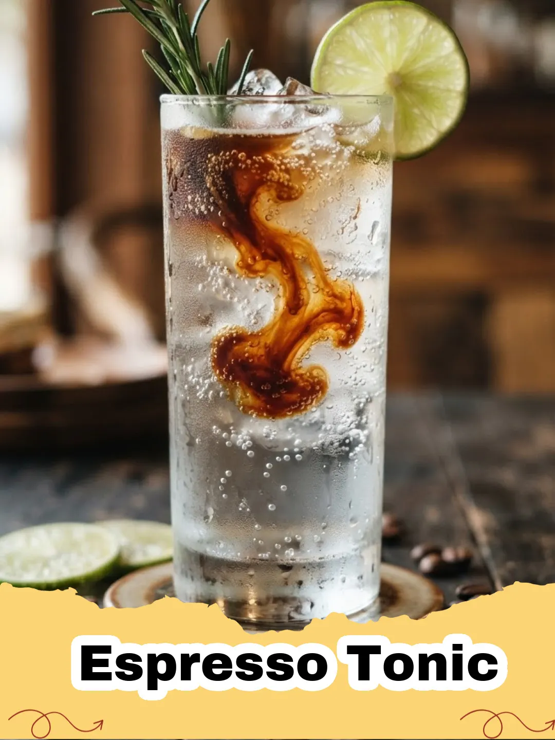 A refreshing layered Espresso Tonic drink with ice and an orange slice garnish in a tall glass on a light background.