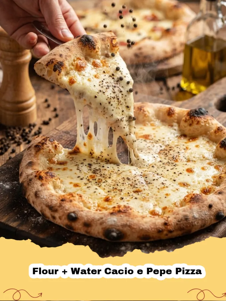 Close-up of a freshly baked Flour + Water Cacio e Pepe Pizza with melted Pecorino Romano and visible black pepper on a golden crust.