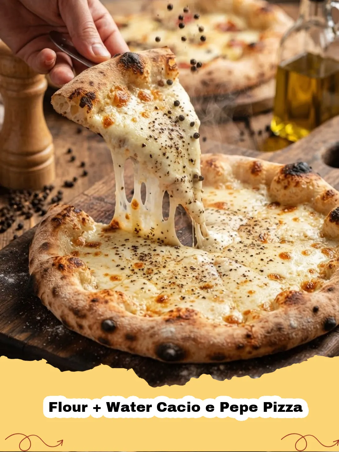Close-up of a freshly baked Flour + Water Cacio e Pepe Pizza with melted Pecorino Romano and visible black pepper on a golden crust.