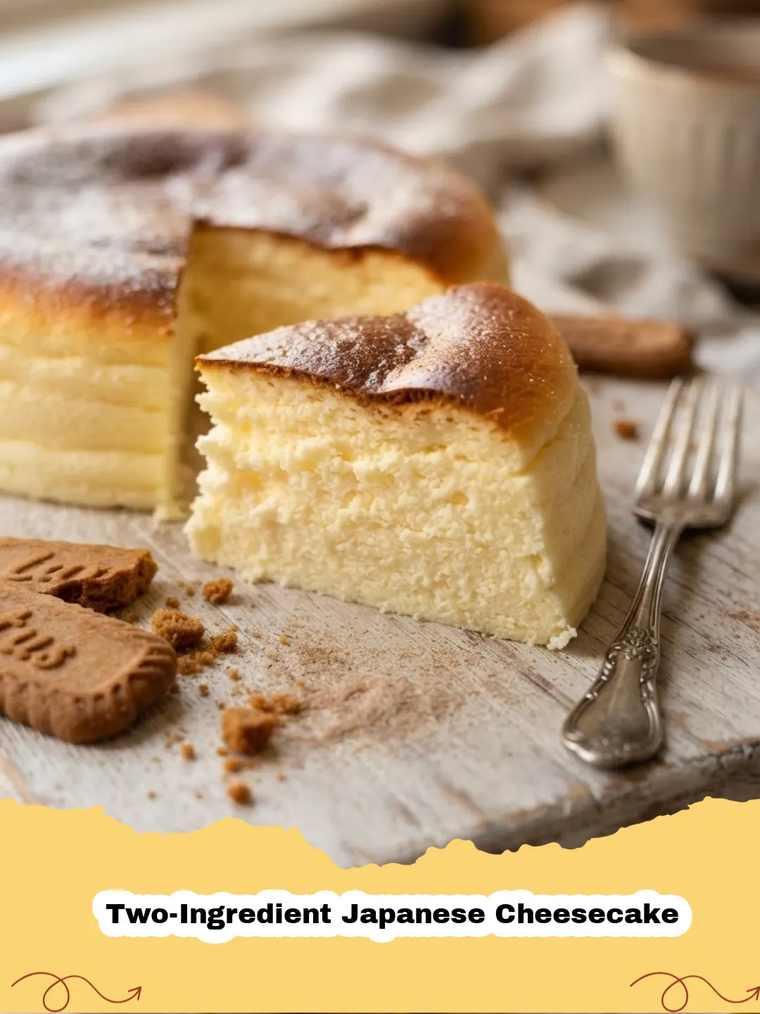 A perfectly golden brown and fluffy Two-Ingredient Japanese Cheesecake on a white plate, dusted with powdered sugar and garnished with fresh berries.