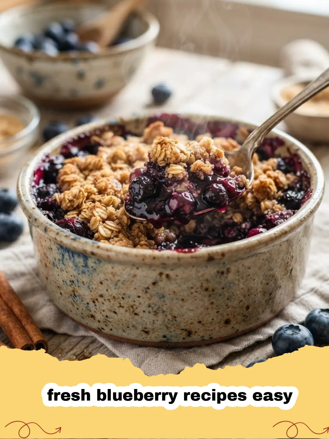 fresh blueberry recipes easy - A close-up shot of a slice of blueberry crumb cake with fresh berries and golden streusel.