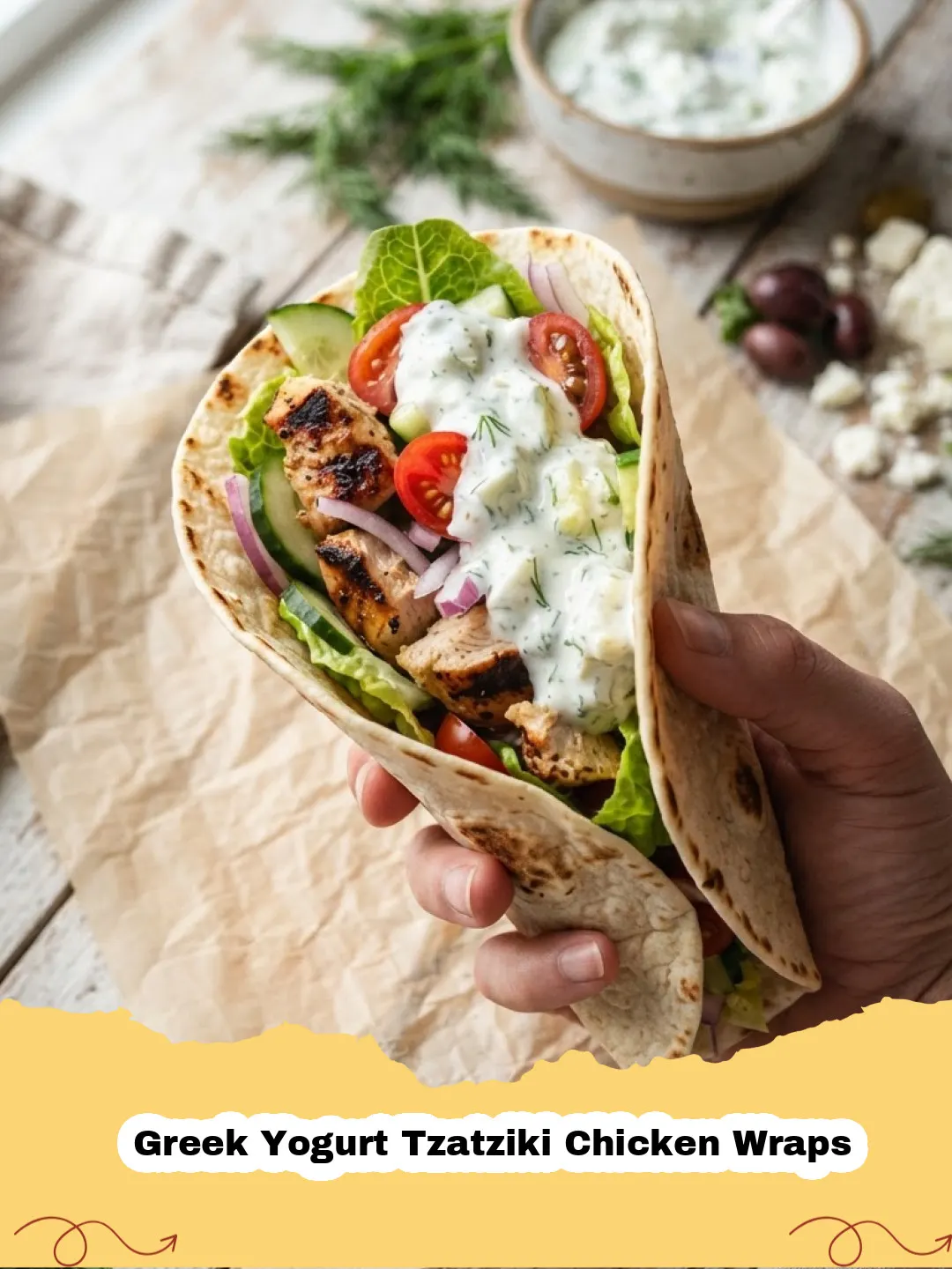 Greek Yogurt Tzatziki Chicken Wraps - Close-up of a freshly made Greek Yogurt Tzatziki Chicken Wrap, filled with grilled chicken, creamy tzatziki, fresh lettuce, and tomatoes, neatly folded and ready to eat.