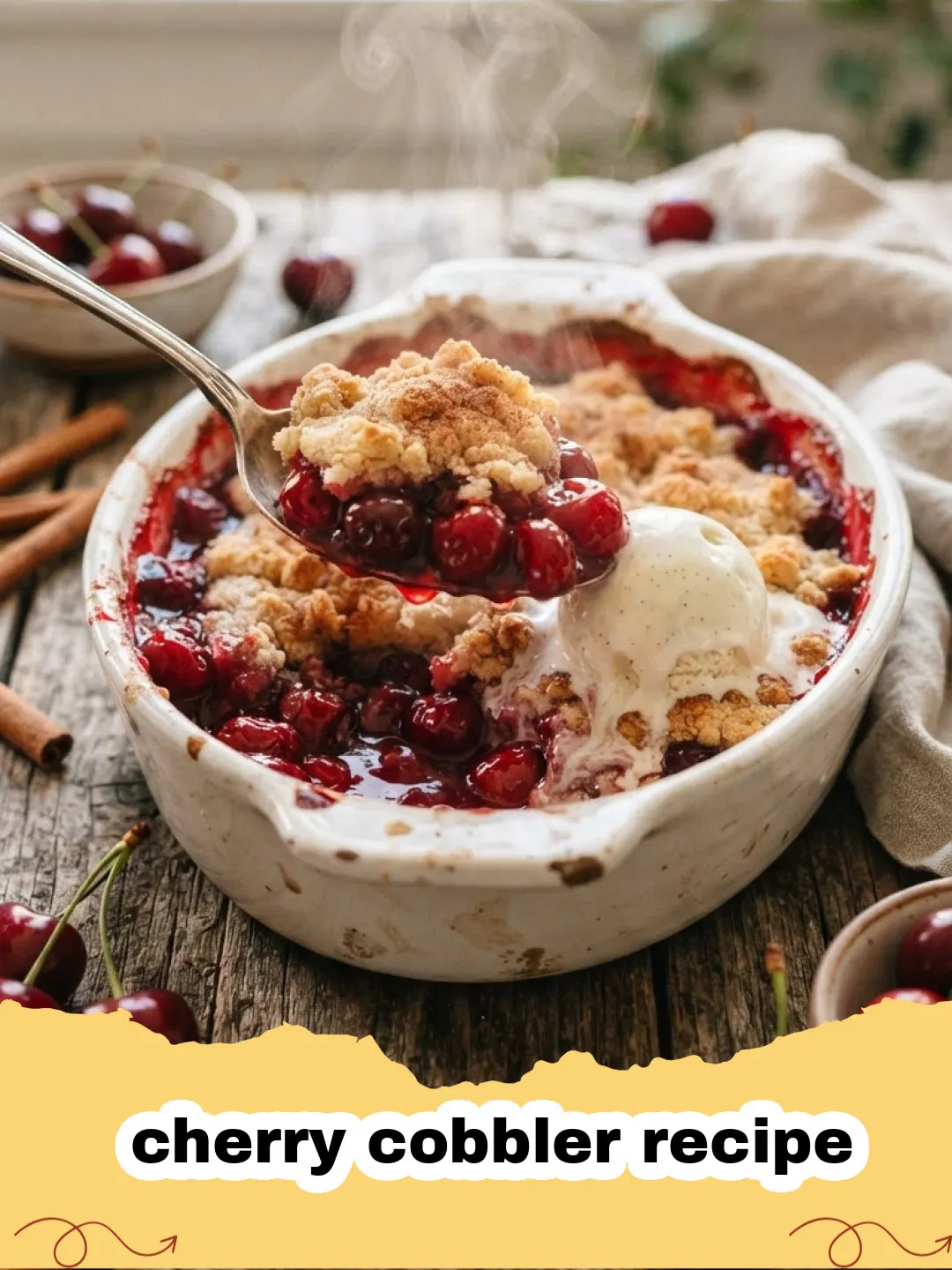 cherry cobbler recipe - A golden brown cherry cobbler in a glass baking dish with bubbling red fruit filling.