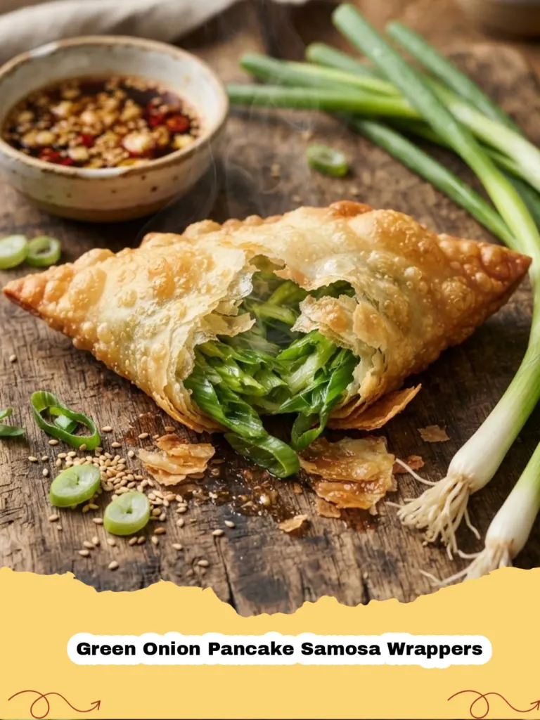 Green Onion Pancake Samosa Wrappers stacked on a plate with a side of dipping sauce.
