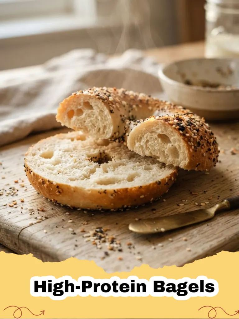 High-Protein Bagels - Four golden brown high-protein bagels, two topped with everything bagel seasoning and two with poppy seeds, resting on a cooling rack.