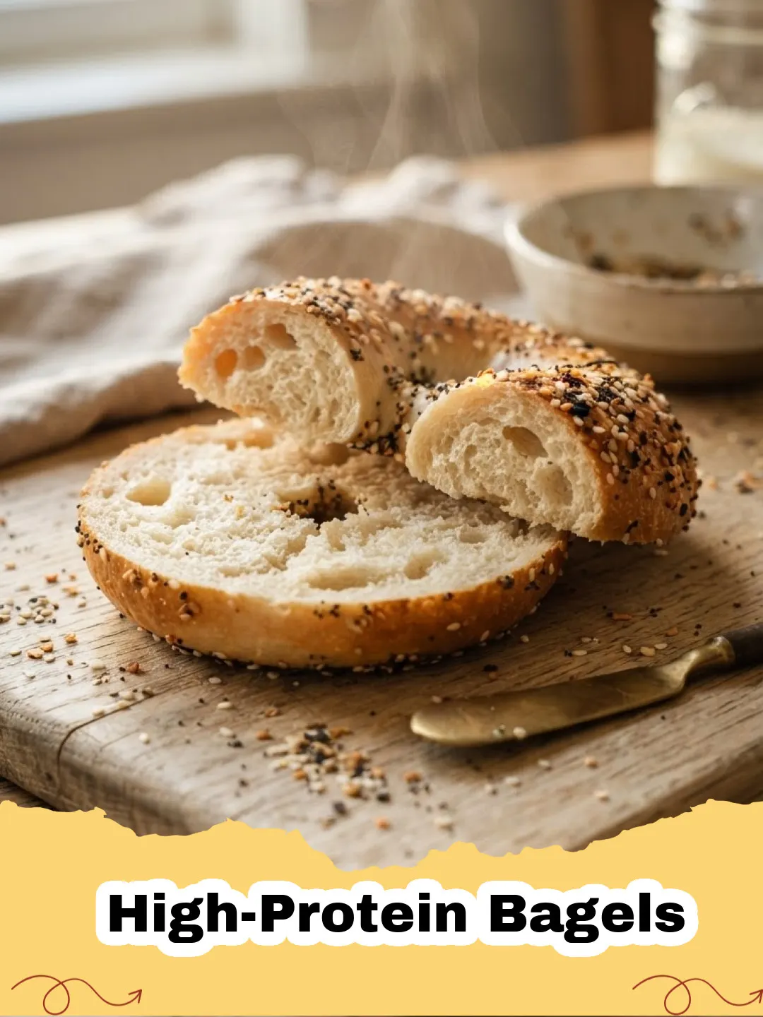 High-Protein Bagels - Four golden brown high-protein bagels, two topped with everything bagel seasoning and two with poppy seeds, resting on a cooling rack.