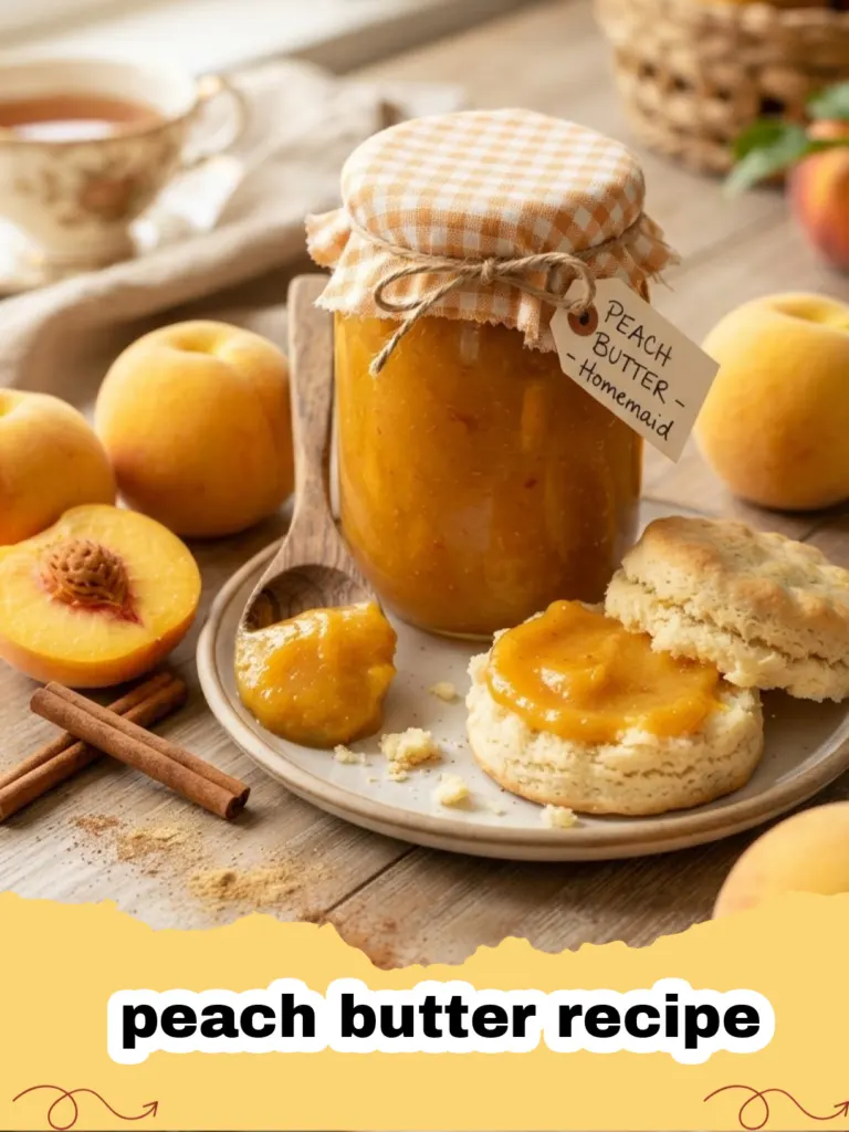 peach butter recipe - A glass jar filled with smooth, dark orange peach butter next to fresh peaches