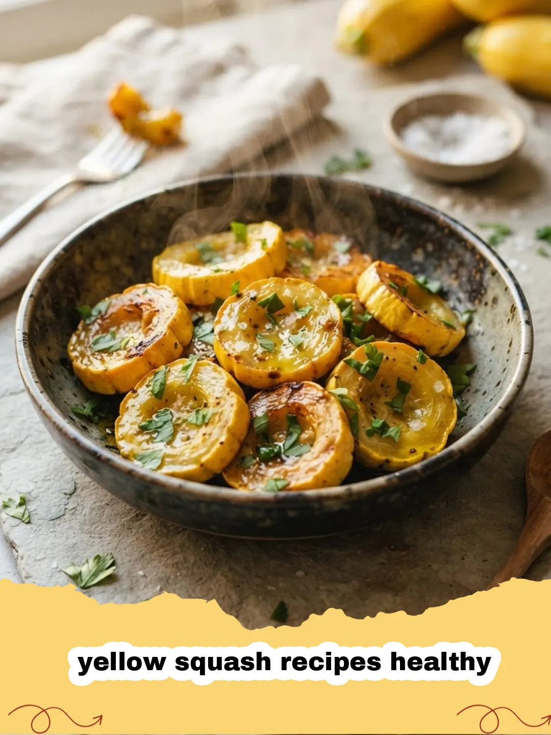yellow squash recipes healthy - Close-up of golden sautéed yellow squash with fresh green herbs in a white bowl, representing healthy yellow squash recipes