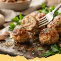 turkey meatball recipes - Close-up of golden brown turkey meatballs simmering in a rich tomato sauce, garnished with fresh parsley.