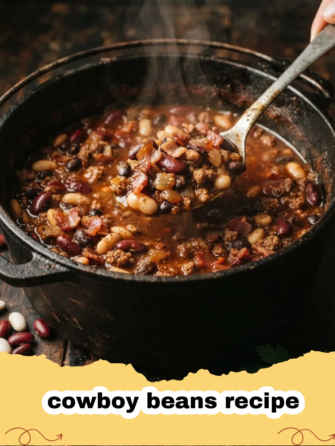cowboy beans recipe - Close-up of a bowl of hearty cowboy beans with crispy bacon bits, served with cornbread.