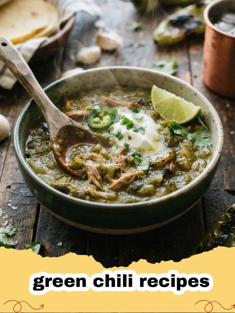 green chili recipes - A steaming bowl of hearty green chili stew with chicken and hominy, garnished with fresh cilantro and a lime wedge.