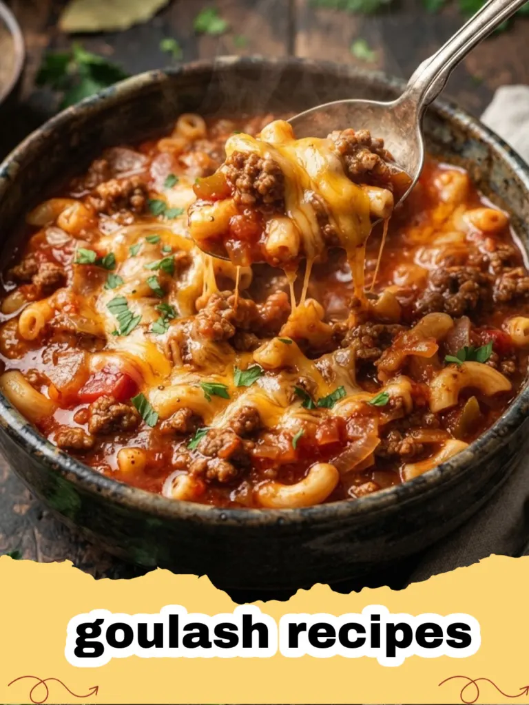 goulash recipes - A steaming bowl of hearty Hungarian beef goulash, garnished with fresh parsley, served with a side of egg noodles.