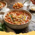 pasta fagioli recipe - A steaming bowl of hearty pasta fagioli soup with a spoon, garnished with fresh parsley and grated Parmesan cheese, on a rustic wooden surface.