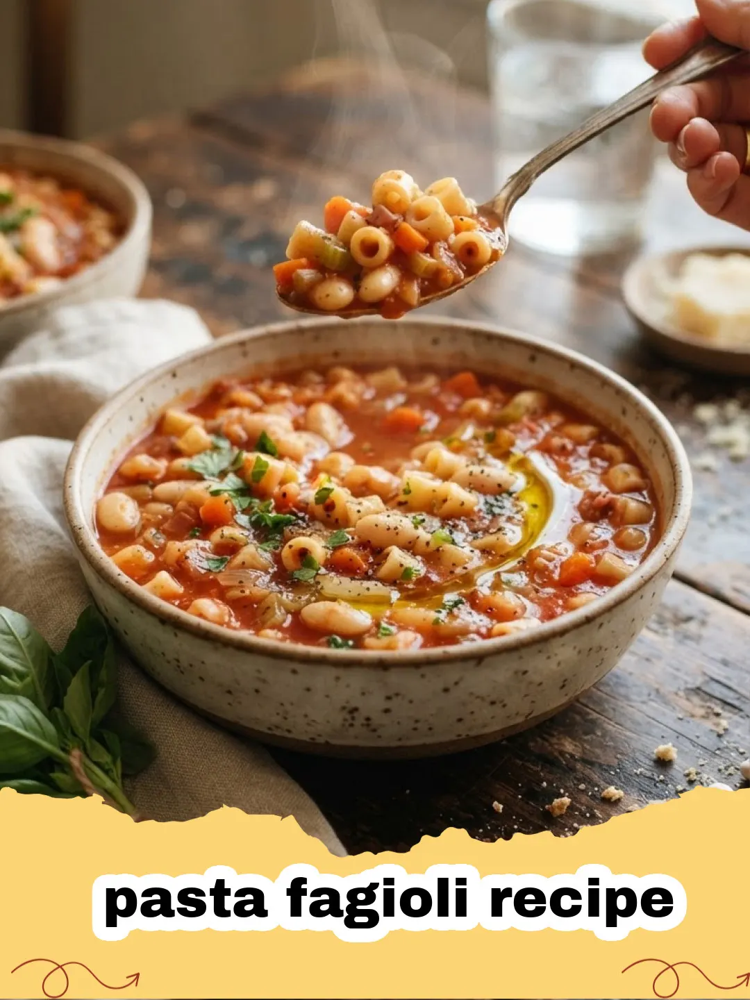 pasta fagioli recipe - A steaming bowl of hearty pasta fagioli soup with a spoon, garnished with fresh parsley and grated Parmesan cheese, on a rustic wooden surface.