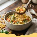 A steaming bowl of Slow Cooker Chickpea Noodle Soup with fresh parsley garnish, ready to eat.