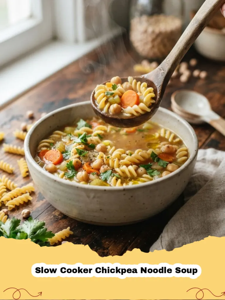 A steaming bowl of Slow Cooker Chickpea Noodle Soup with fresh parsley garnish, ready to eat.