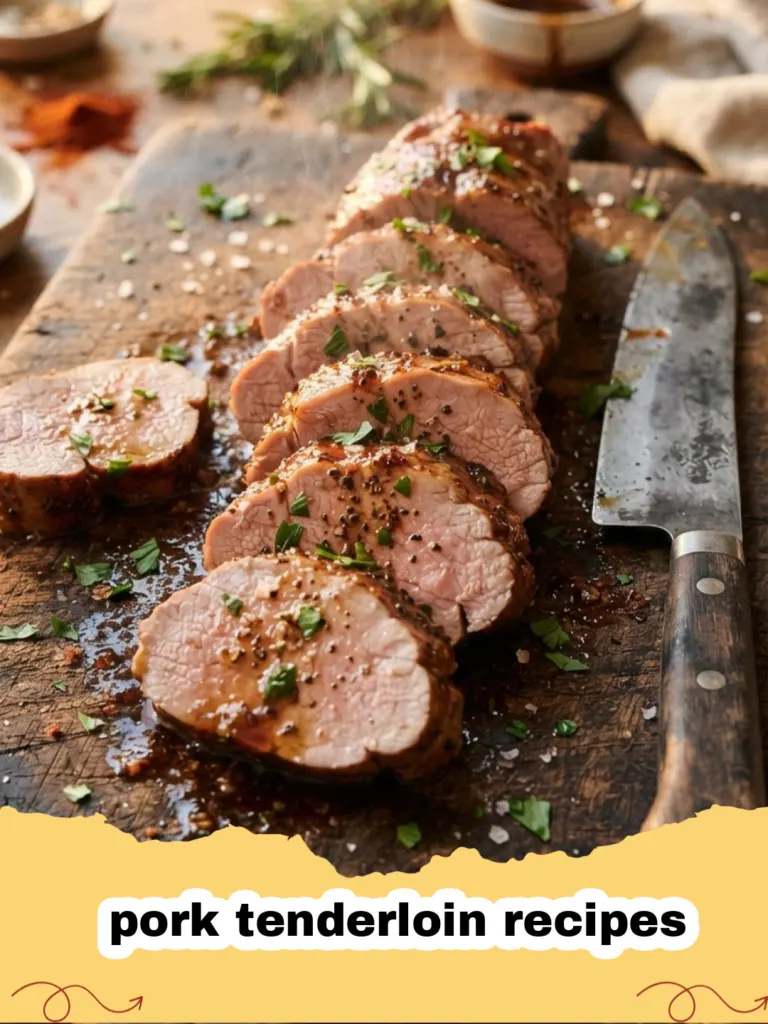 pork tenderloin recipes - Herb-crusted pork tenderloin slices on a cutting board with fresh herbs and a drizzle of pan sauce.