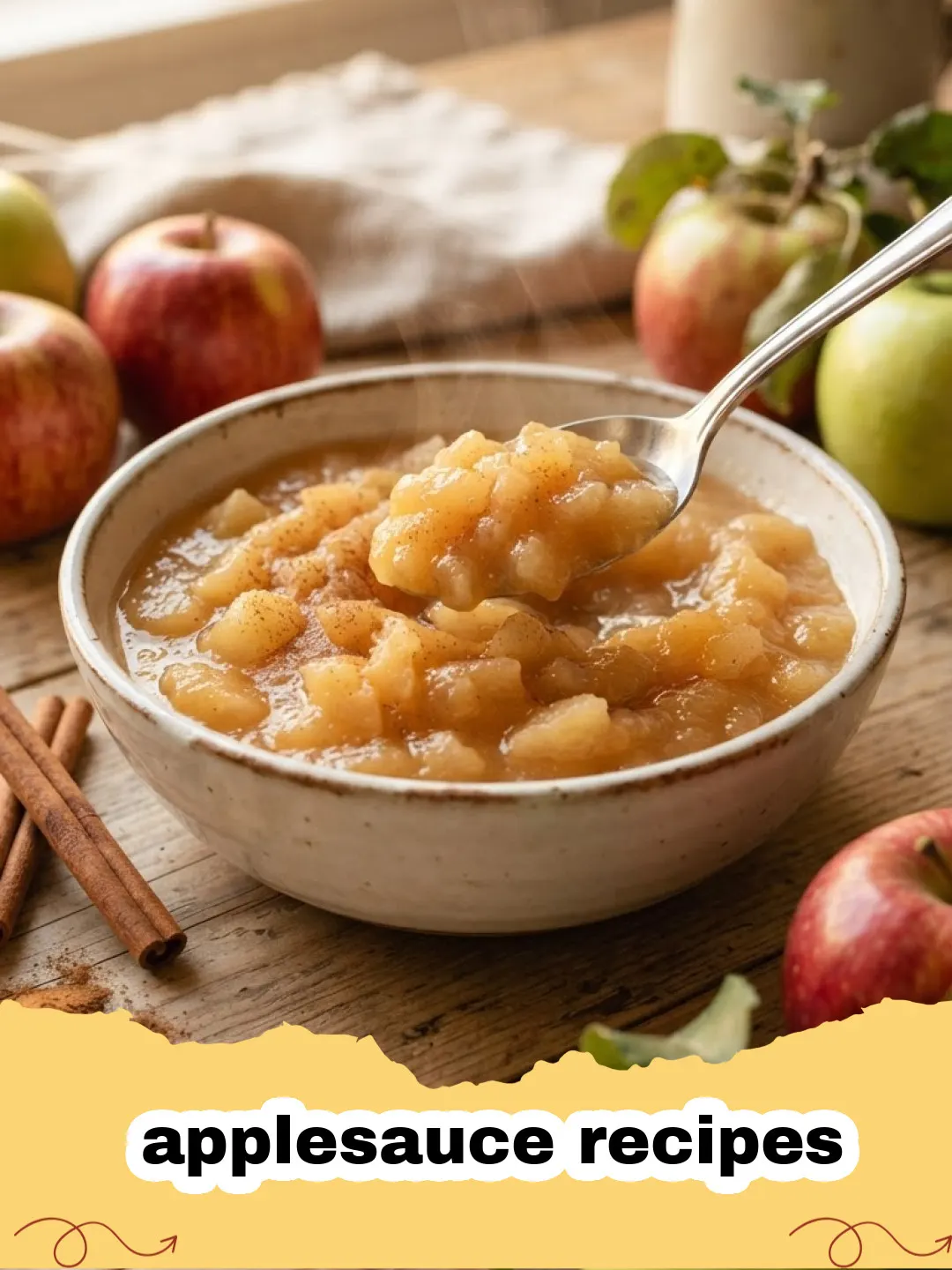 applesauce recipes - A bowl of fresh, chunky homemade applesauce with a spoon and cinnamon stick, surrounded by whole and sliced apples.