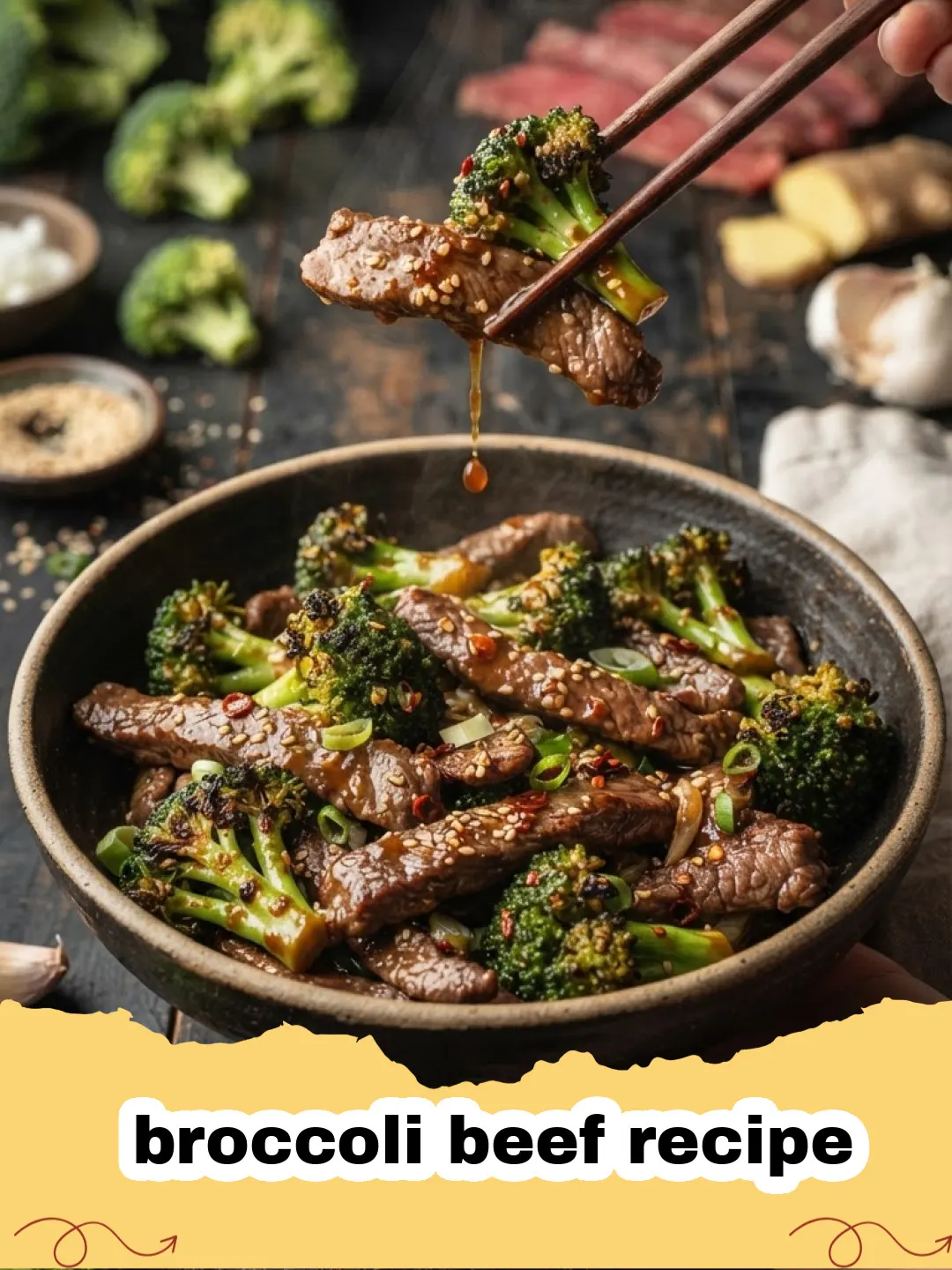 broccoli beef recipe - A close-up of a serving of homemade broccoli beef stir-fry with tender slices of beef, bright green broccoli, and a glossy brown sauce, served over white rice.