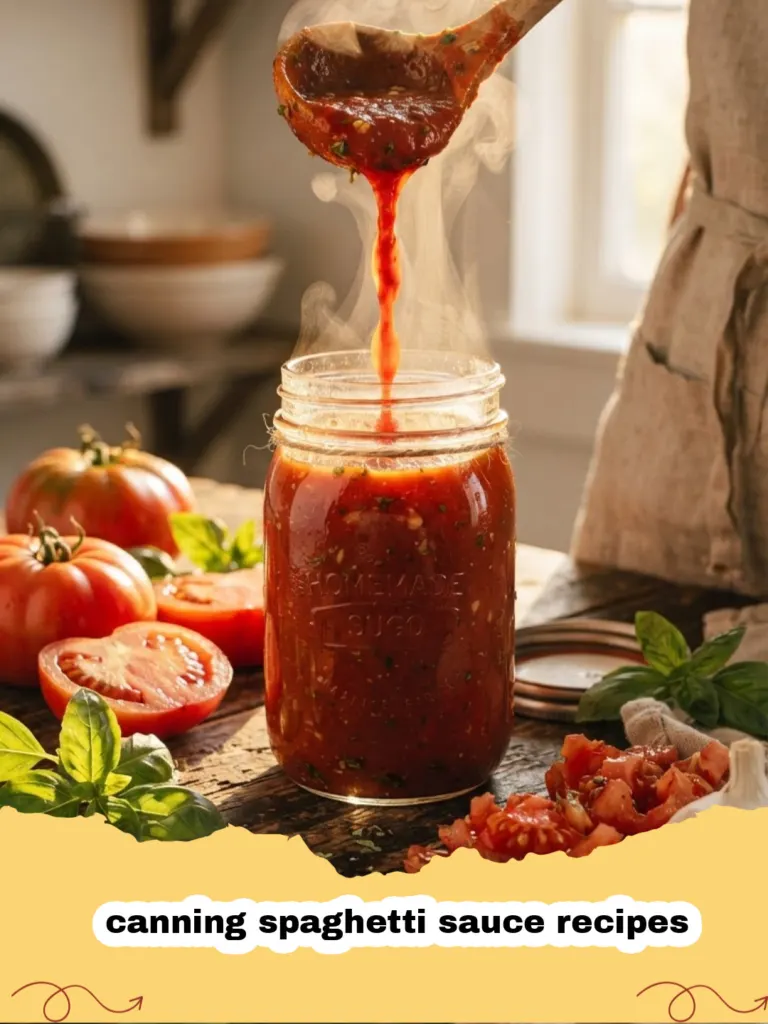 canning spaghetti sauce recipes - Close-up of freshly canned spaghetti sauce jars on a rustic wooden table, with fresh basil and tomatoes in the background.