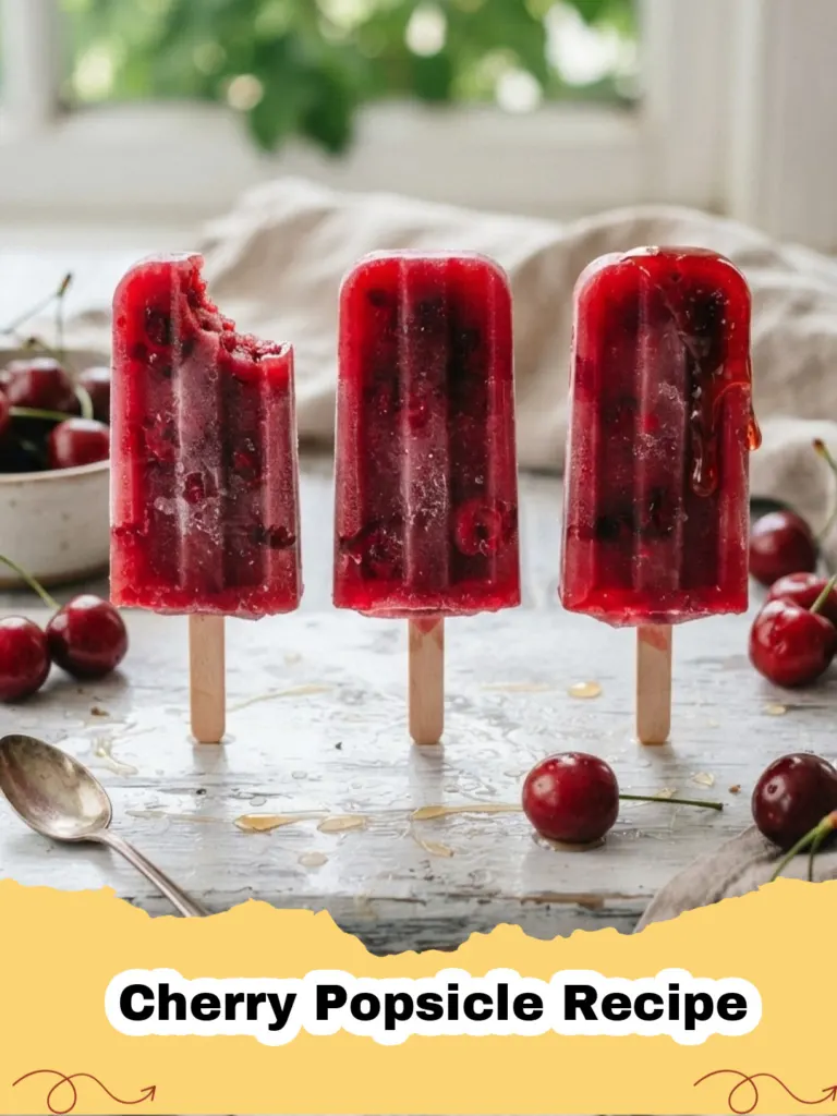 Vibrant red homemade cherry popsicles in molds, with fresh cherries scattered around on a light background, highlighting the delicious Cherry Popsicle Recipe.