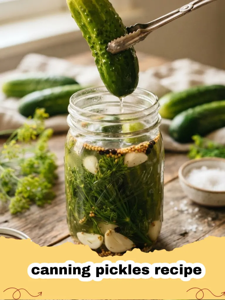 canning pickles recipe - Several mason jars filled with homemade dill pickles, garlic, and dill heads, ready for canning or stored on a shelf.