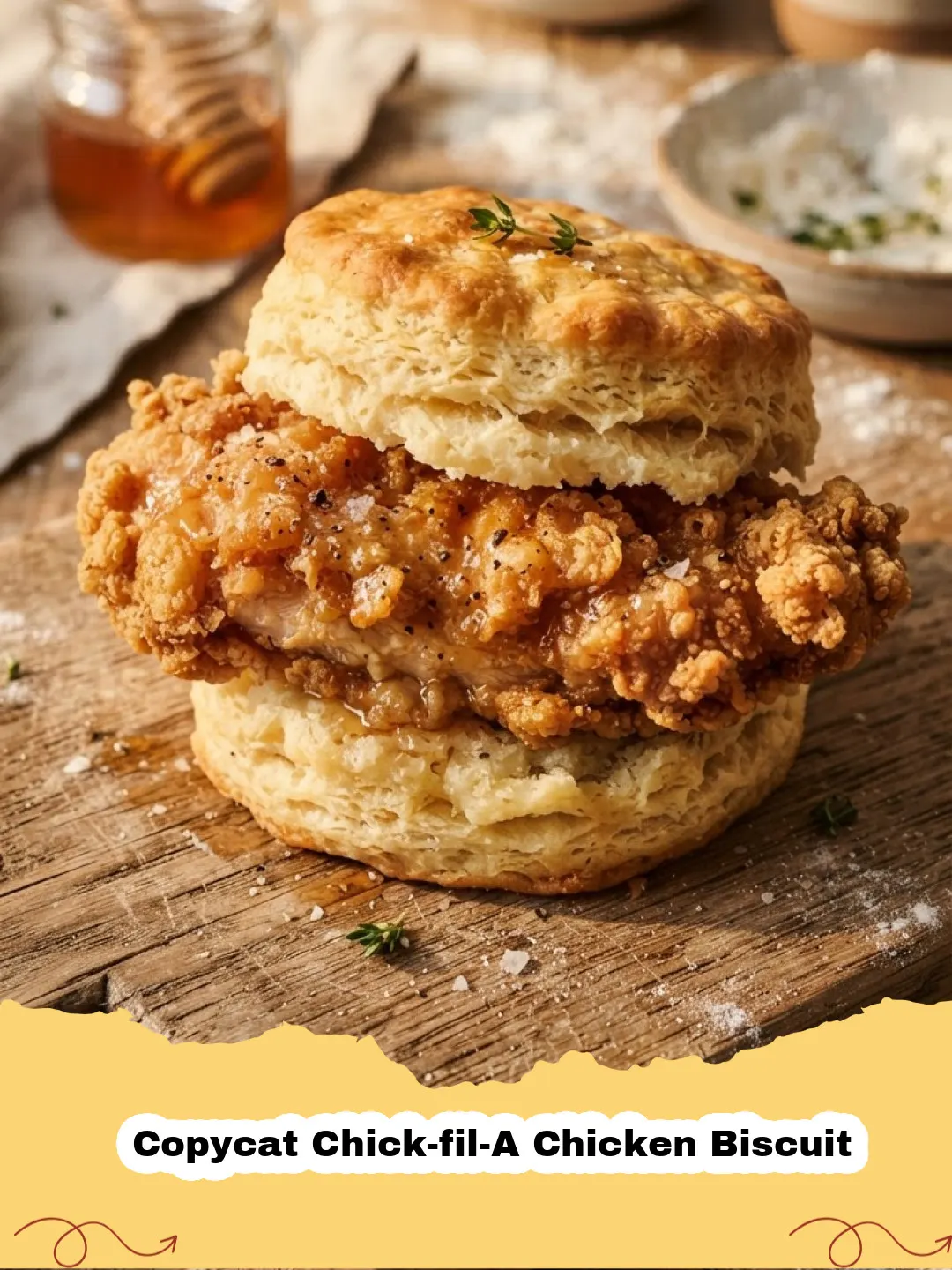 A close-up of a homemade Copycat Chick-fil-A Chicken Biscuit with a crispy chicken fillet and flaky biscuit.
