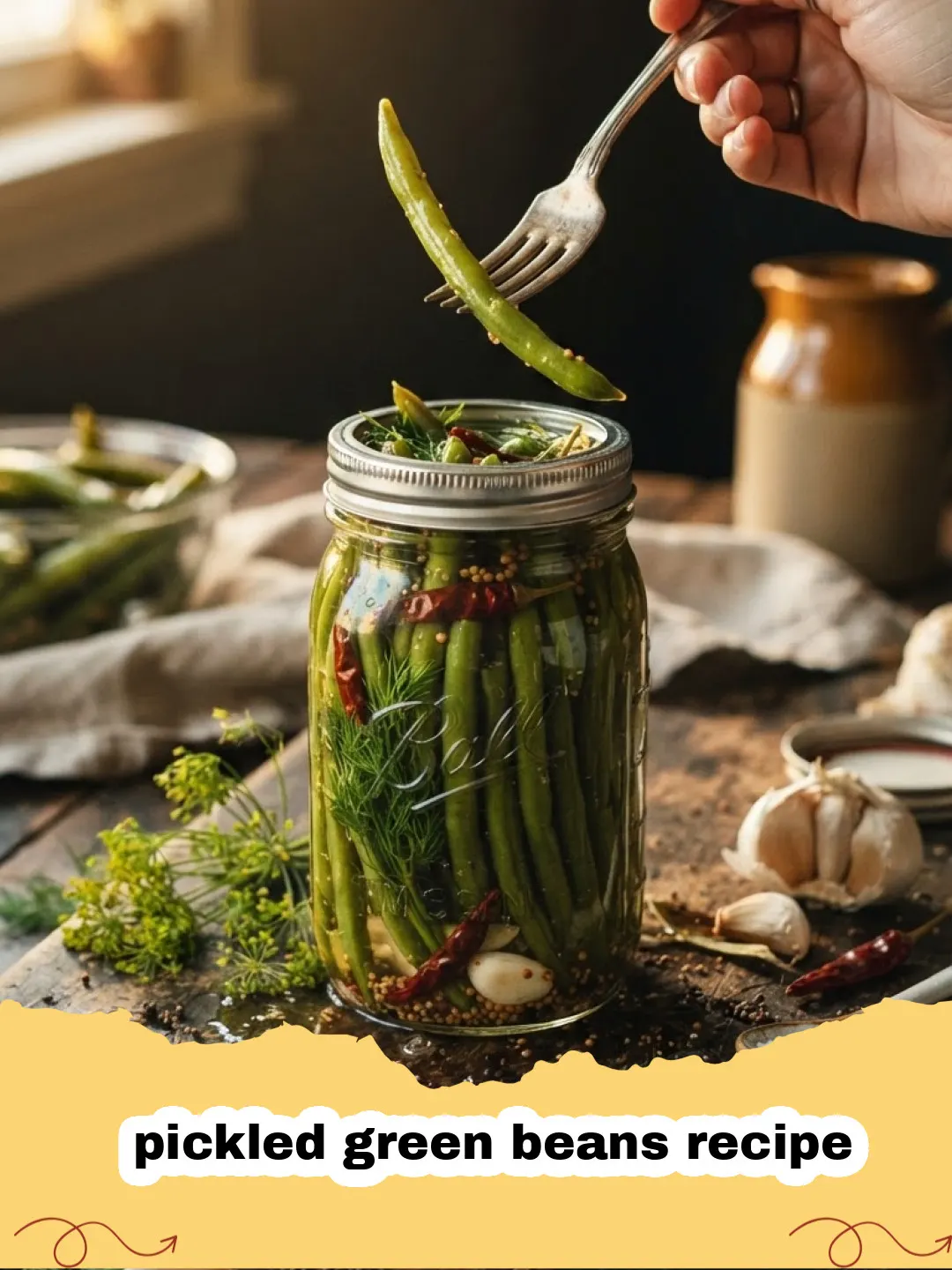 pickled green beans recipe - Several glass jars of homemade pickled green beans with dill and garlic