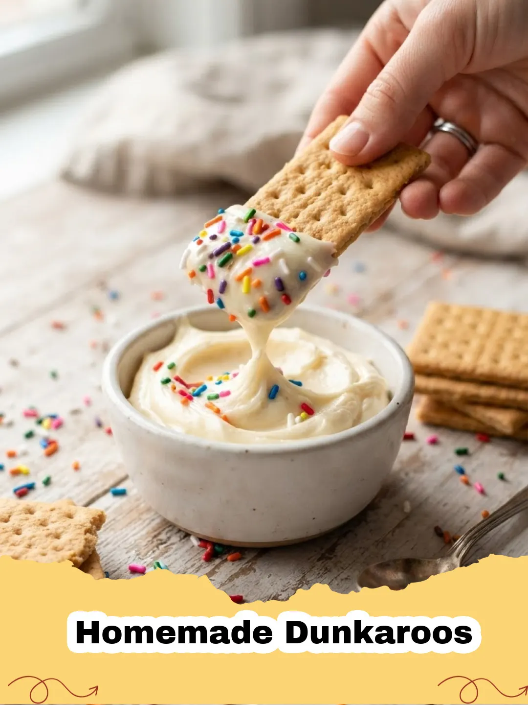 Homemade Dunkaroos - A plate of homemade vanilla cookies next to a small bowl of rainbow sprinkle cream cheese frosting, ready for dipping.