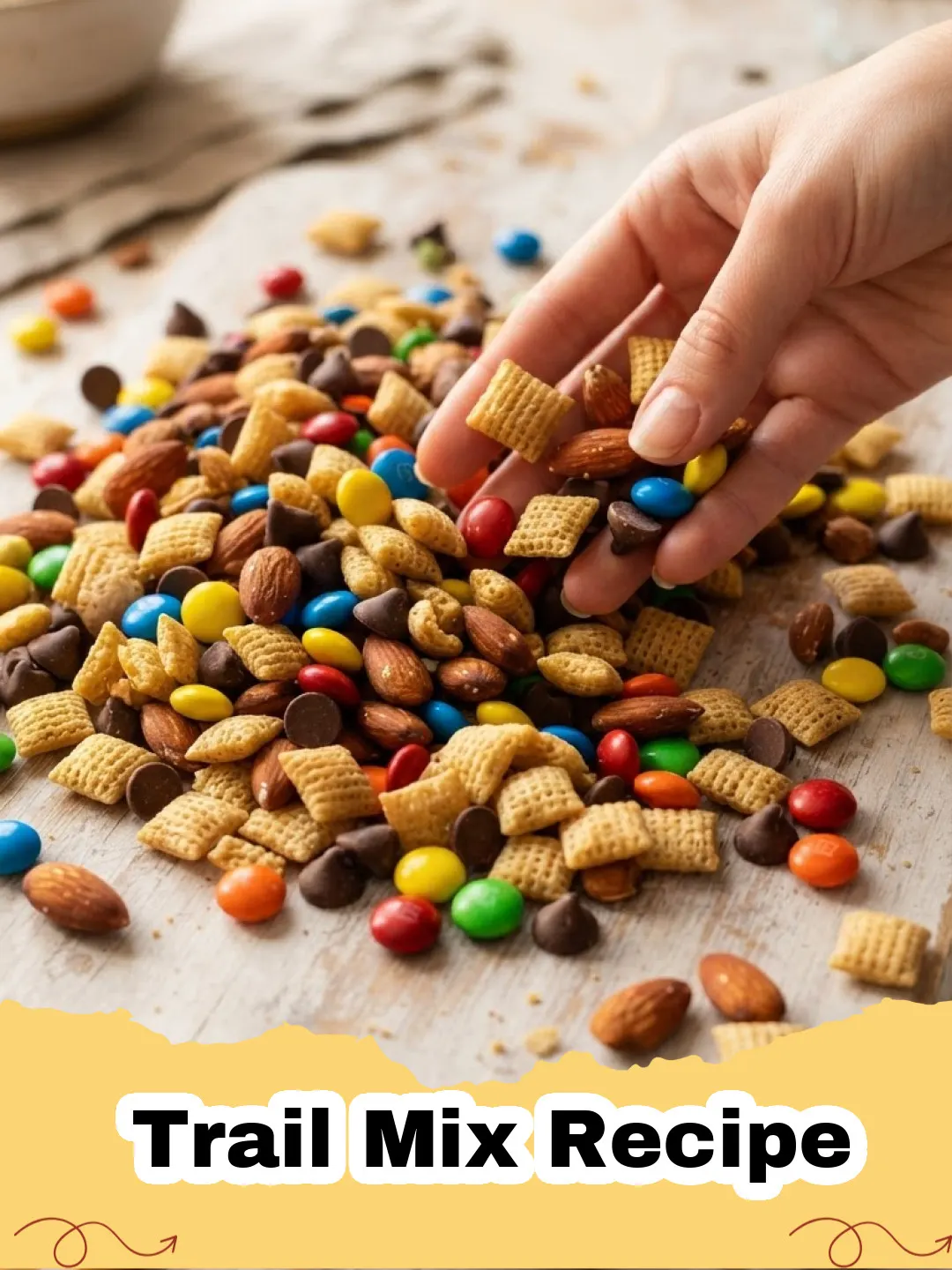 Close-up of a colorful, homemade Trail Mix Recipe with nuts, seeds, and dried fruit in a glass jar.
