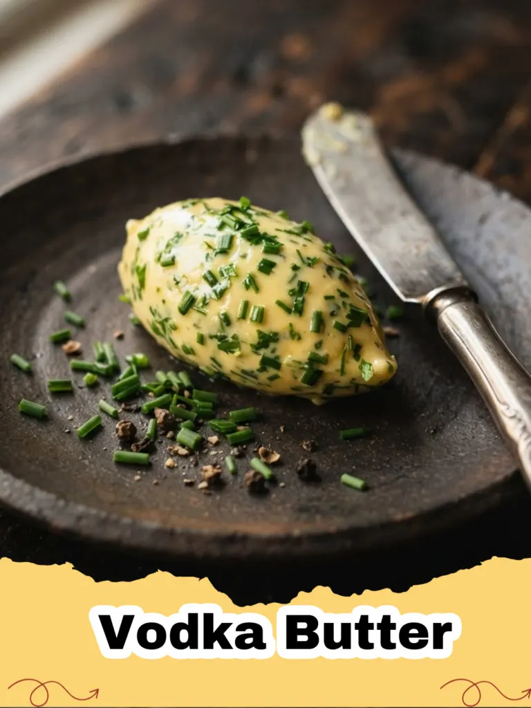 A log of homemade Vodka Butter garnished with fresh herbs, ready to be sliced and used.